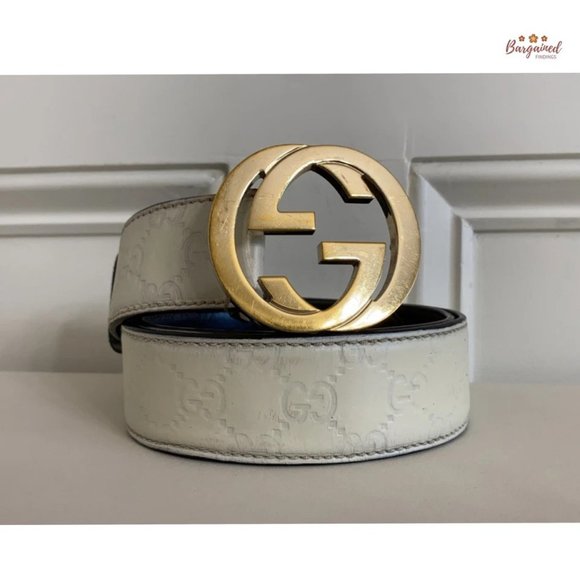 Authentic Gucci Cream Guccissima Leather Gold Interlocking G Buckle Belt 90/36 - Picture 12 of 14